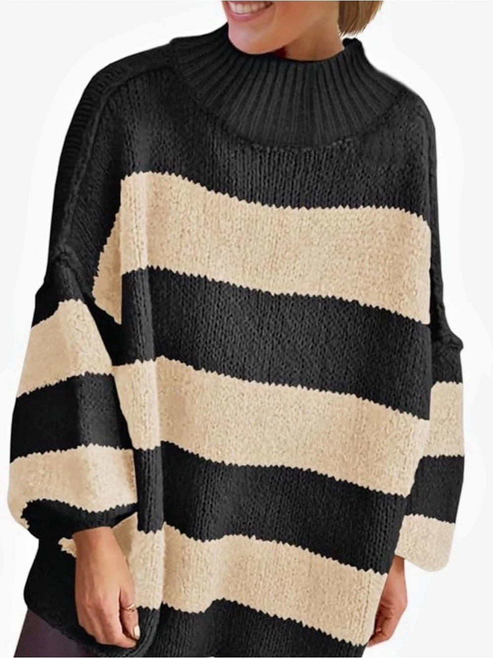 Striped Turtleneck Sweater in Black & Cream